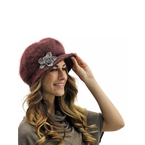 Angora Knit Newsboy Hat With Beaded Flower - Picture 3 of 8
